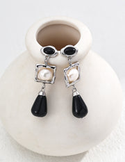 Blisseu Silver Natural Pearl Onyx Earrings