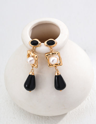 Blisseu Silver Natural Pearl Onyx Earrings