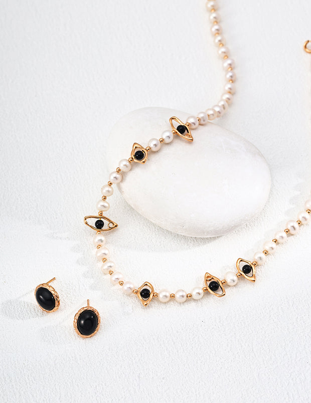 Blisseu Natural Pearl Onyx Necklace