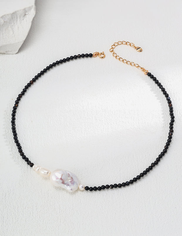 Blisseu Black Agate Pearl Necklace