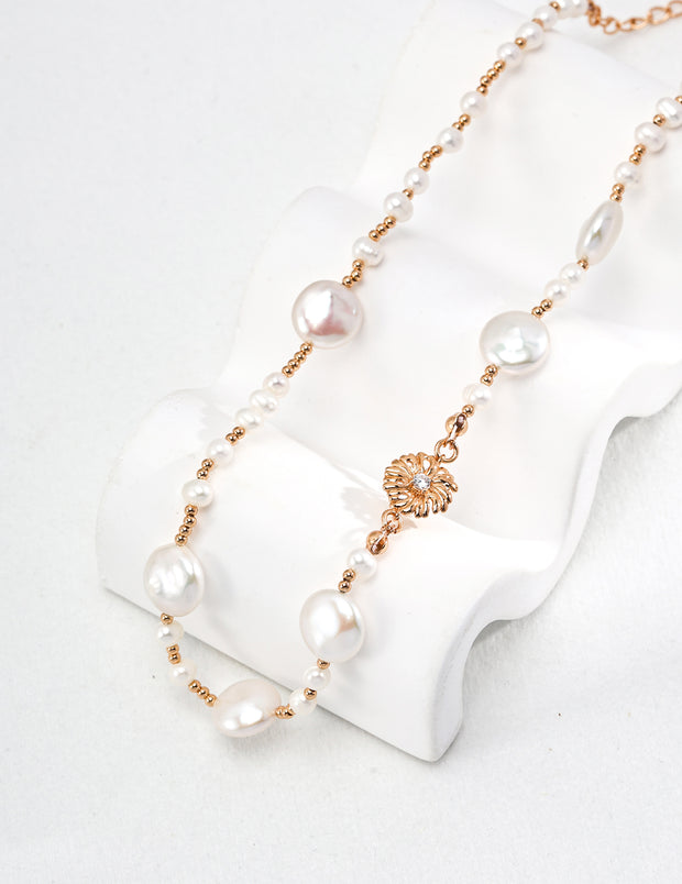 Blisseu Floral Silver Pearl Necklace