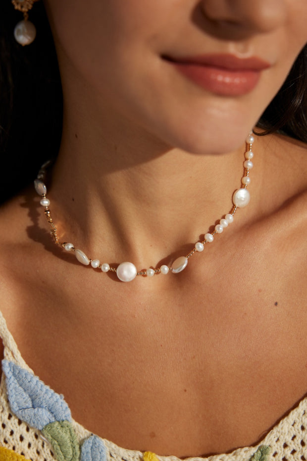 Blisseu Floral Silver Pearl Necklace