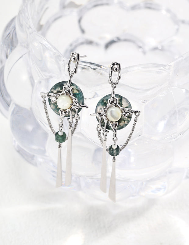 Blisseu Mystic Night Silver Aquatic agate Hairpin & Earrings