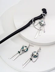 Blisseu Mystic Night Silver Aquatic agate Hairpin & Earrings