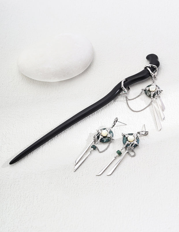 Blisseu Mystic Night Silver Aquatic agate Hairpin & Earrings