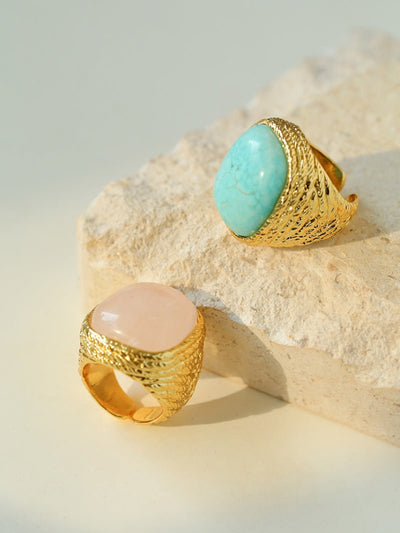 Blisseu Pink Crystal Turquoise Square Rings