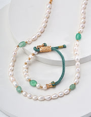 Blisseu Natural Pearl Jade Beaded Necklace